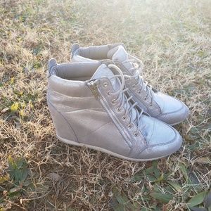 Silver part glitter sneaker wedges with some spots